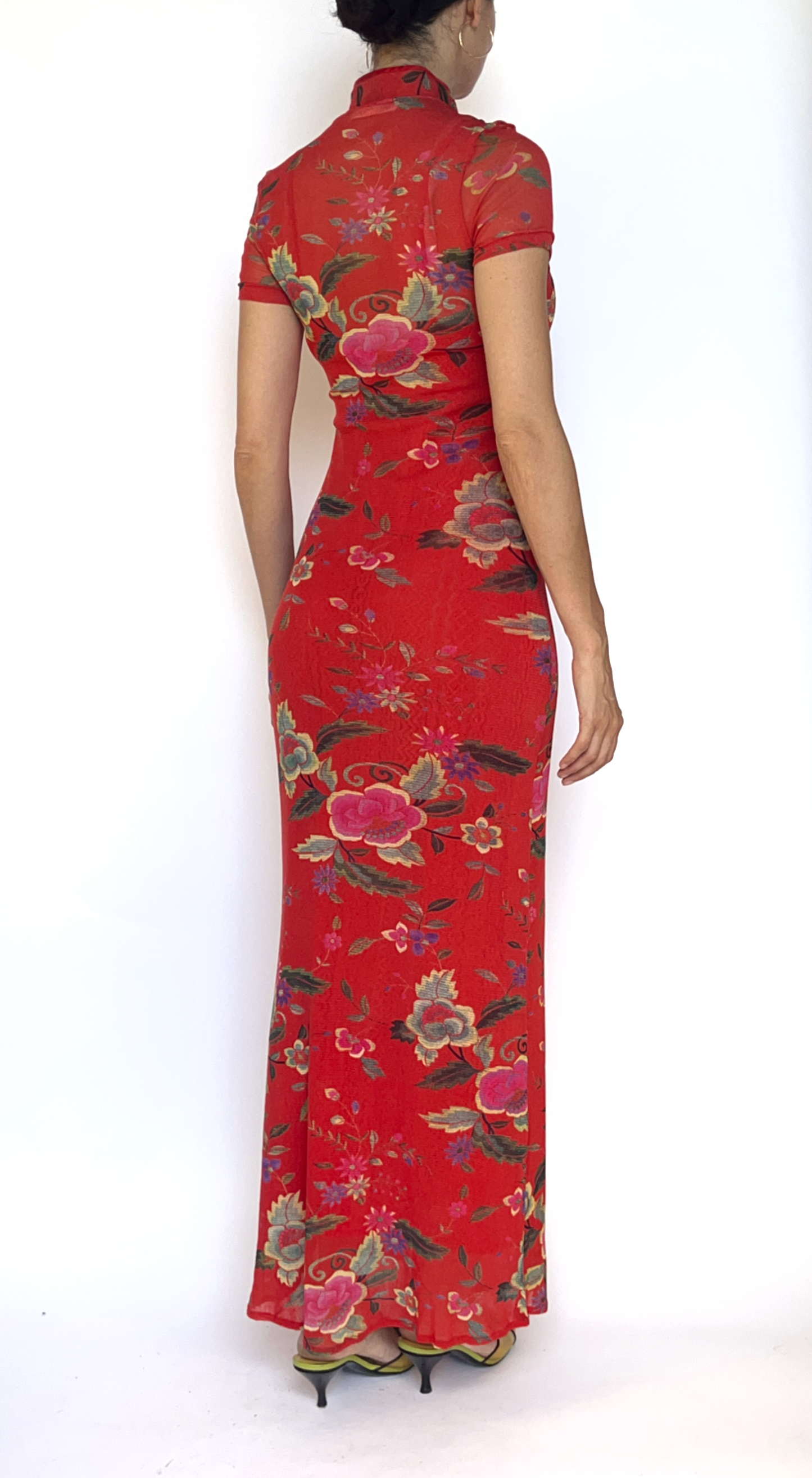 Vivienne Tam ~ 1990s Long Red Floral Mesh Dress