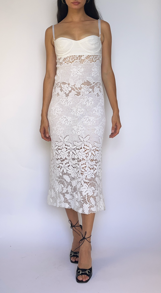 Dolce & Gabbana 2000s White Floral Bustier Crochet Dress