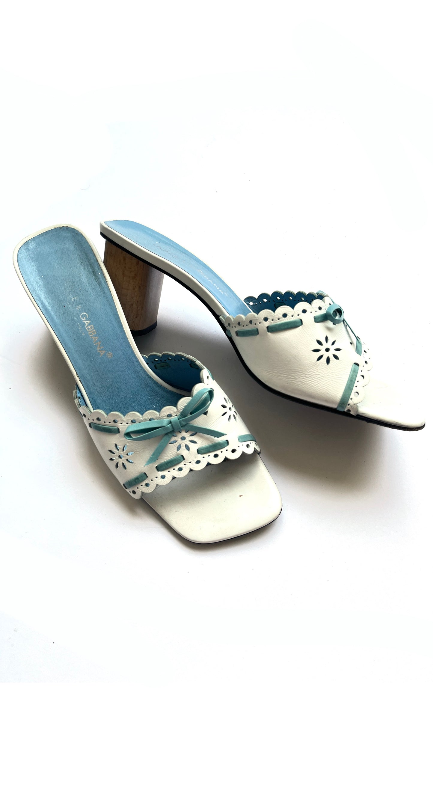 Dolce & Gabbana 1990s White & Blue Floral Eyelet Sandal Heels