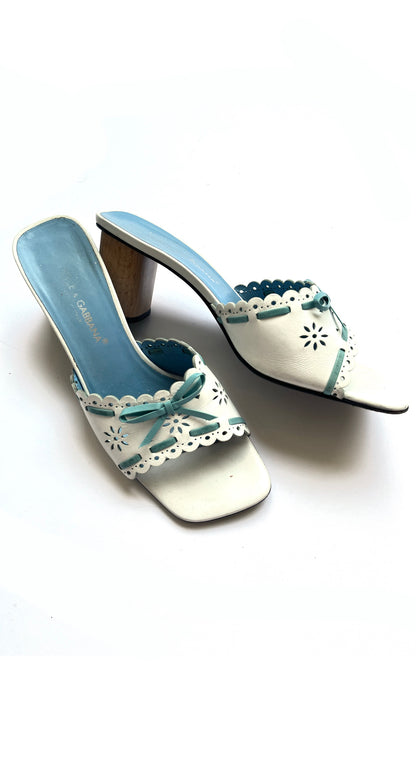 Dolce & Gabbana 1990s White & Blue Floral Eyelet Sandal Heels