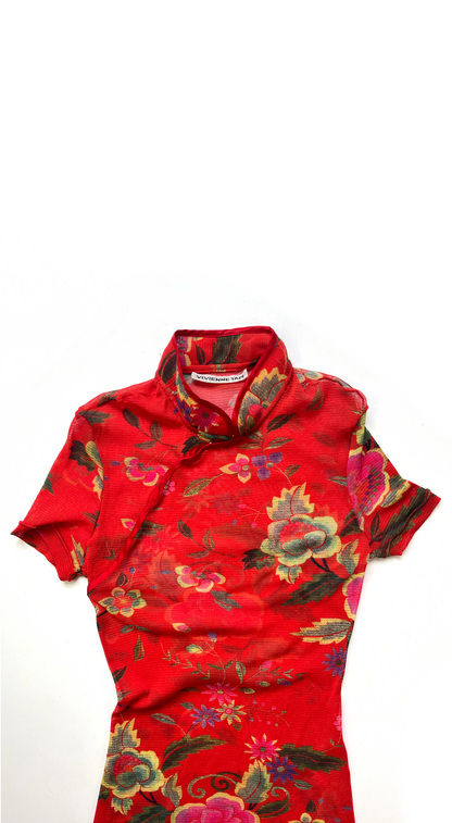 Vivienne Tam ~ 1990s Long Red Floral Mesh Dress