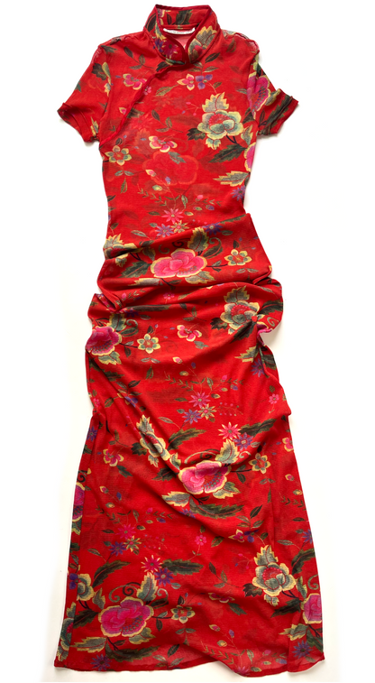 Vivienne Tam ~ 1990s Long Red Floral Mesh Dress