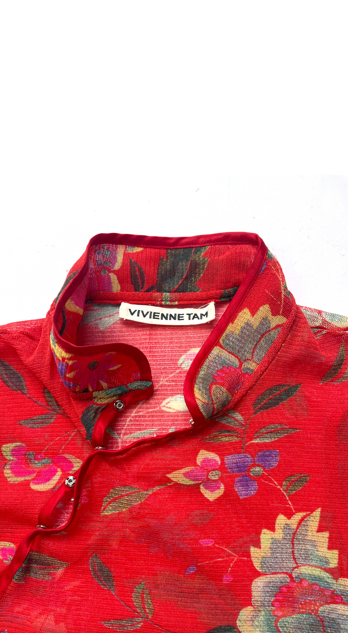 Vivienne Tam ~ 1990s Long Red Floral Mesh Dress