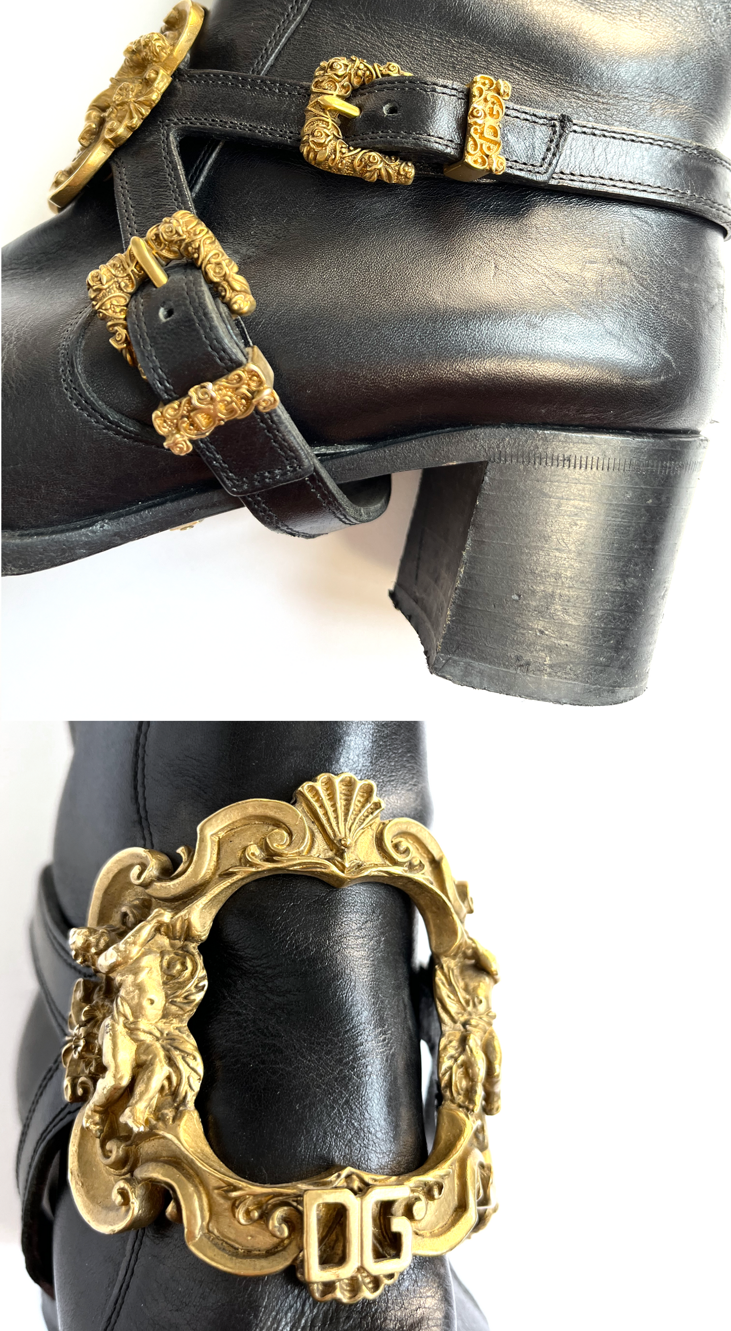 Dolce & Gabbana ~ Runway F/W 2006 Black Leather Boots With Gold Baroque Buckle 