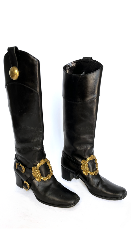 Dolce & Gabbana ~ Runway F/W 2006 Black Leather Boots With Gold Baroque Buckle 