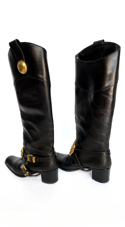 Dolce & Gabbana ~ Runway F/W 2006 Black Leather Boots With Gold Baroque Buckle 