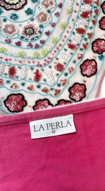 La Perla  ~ Vintage 2000s Pink Beaded Skirt & Bikini Top