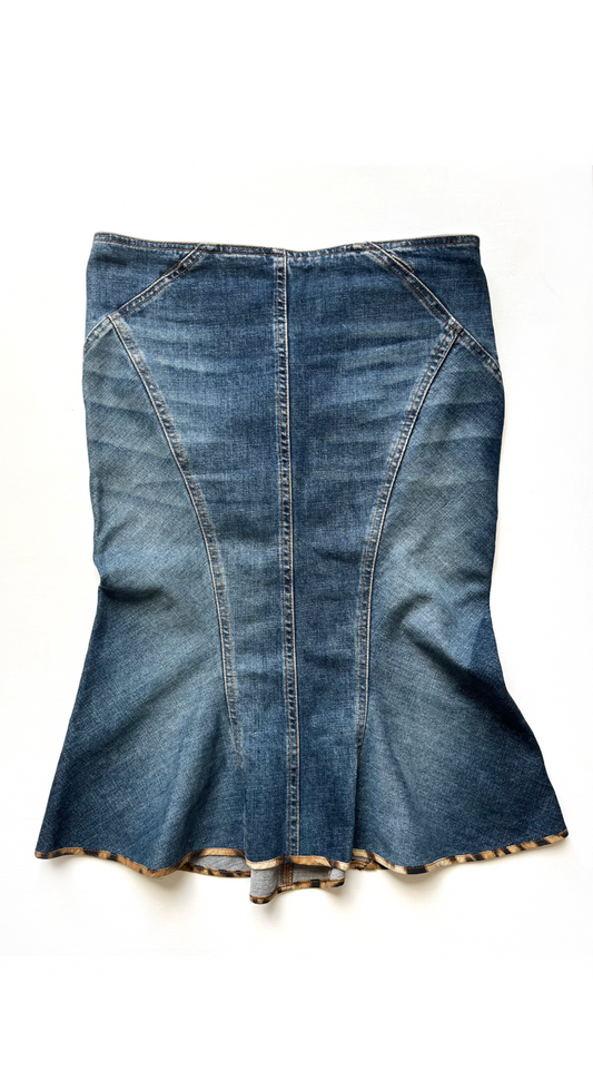 Roberto Cavalli ~ 2003 Tattoo Collection Midi Denim Skirt With Leather Pockets 