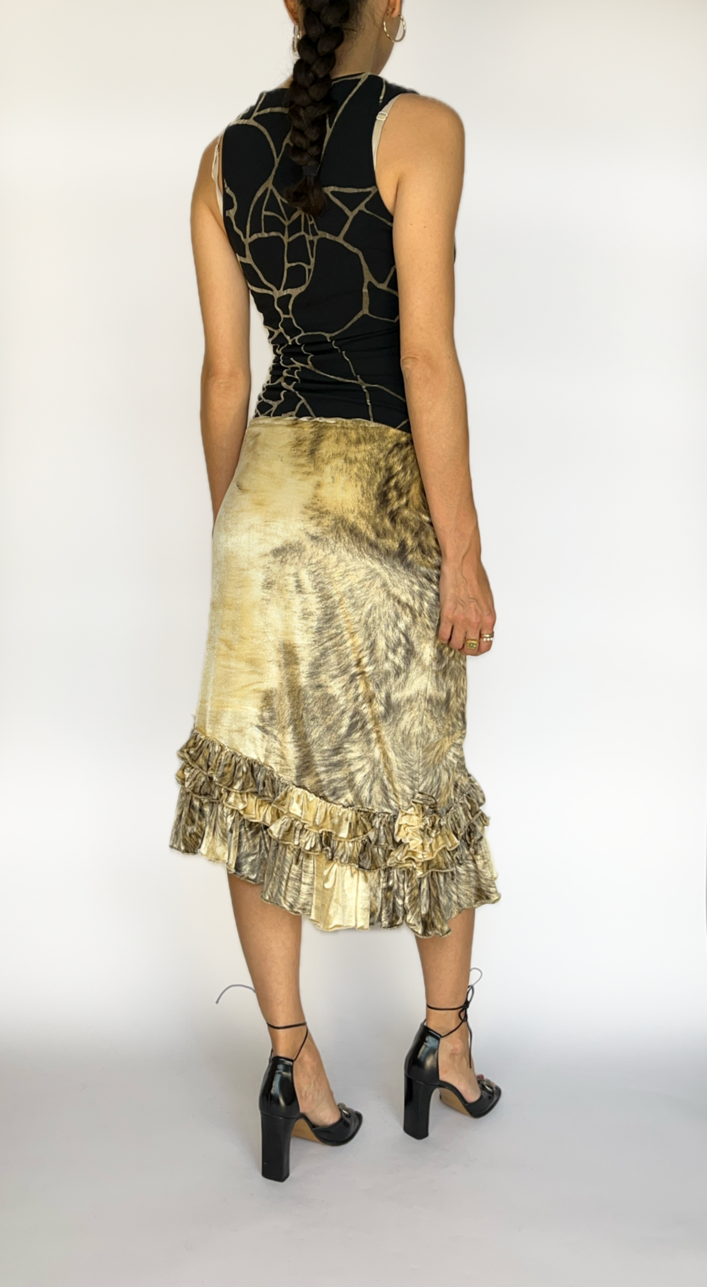 Roberto Cavalli ~ F/W 1999 Ruffled Fur Print Piercing Skirt