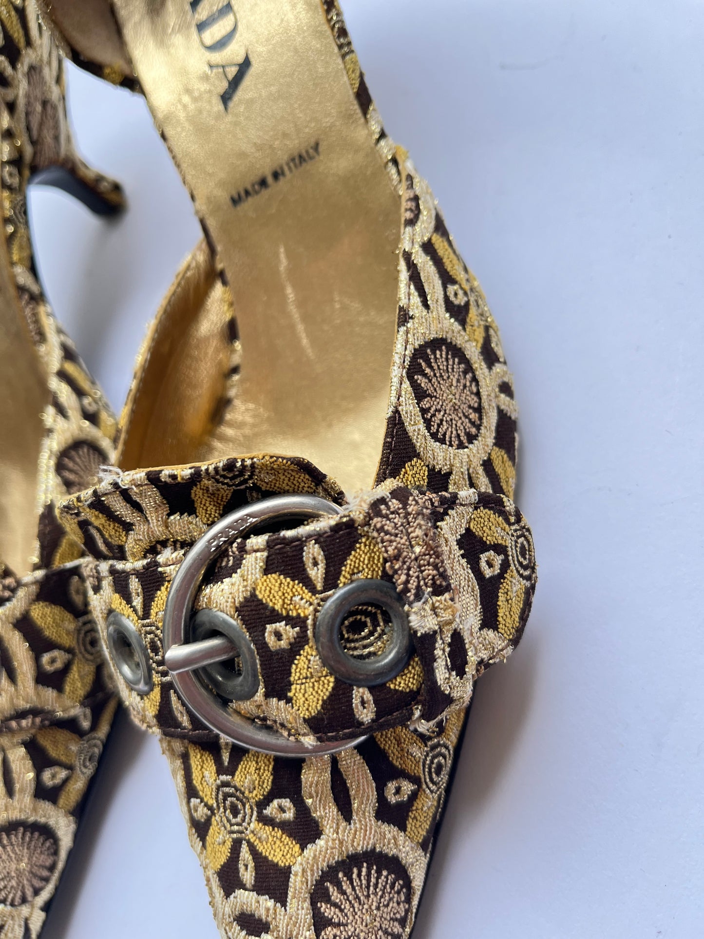 Prada ~ 2000s Baroque Gold Kitten Heels