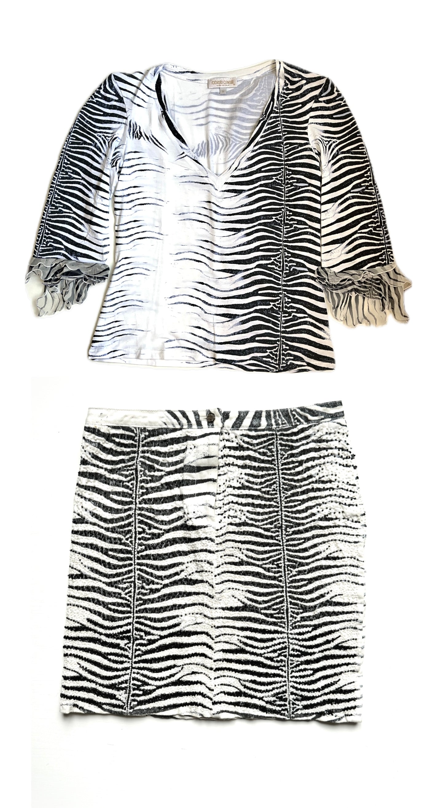 Roberto Cavalli Runway SS 2000 Zebra Print Beaded Skirt & Top Set