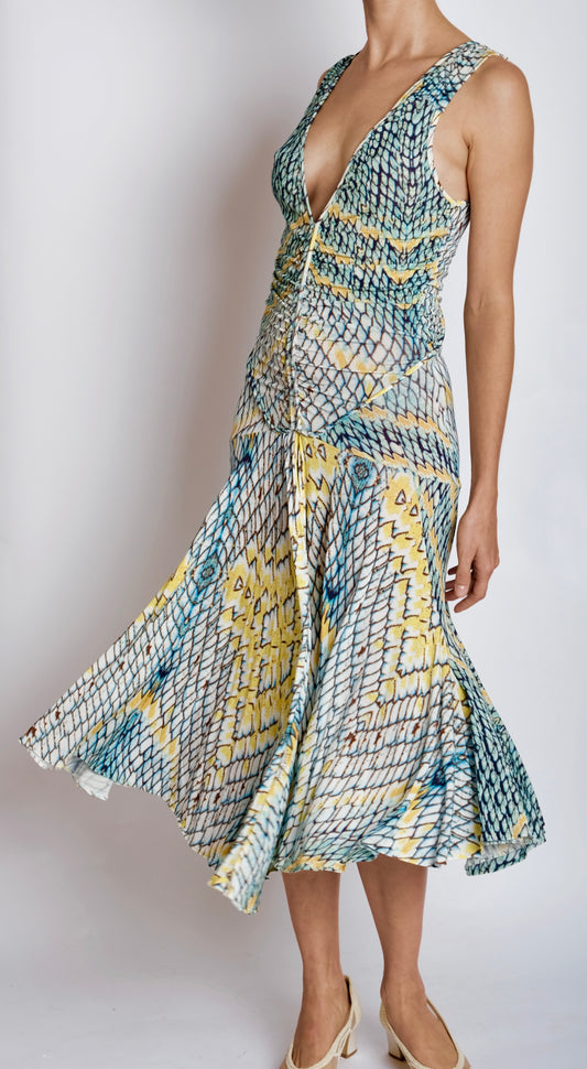 Roberto Cavalli ~ 2000s Abstract Snake Print Midi Bodycon Dress