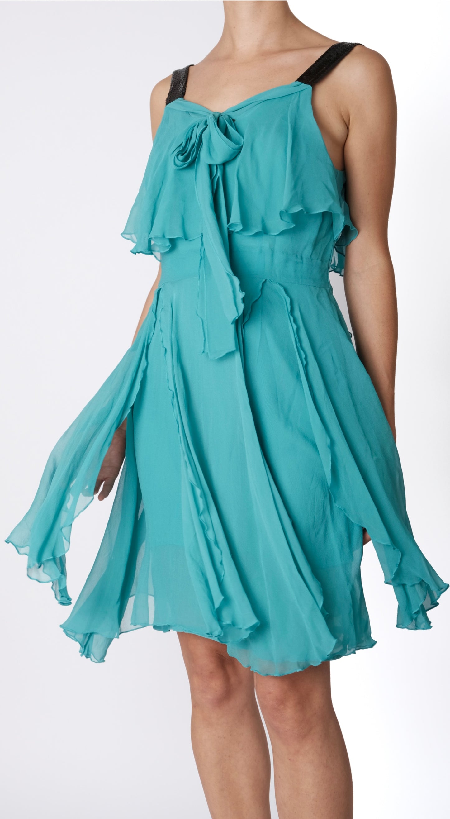 Chloé ~ 2000s Aqua Silk Ruffle Dress with Sequin Straps