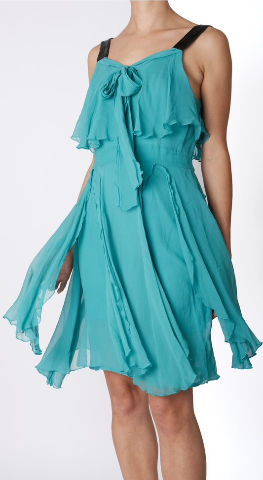 Chloé ~ 2000s Aqua Silk Ruffle Dress with Sequin Straps