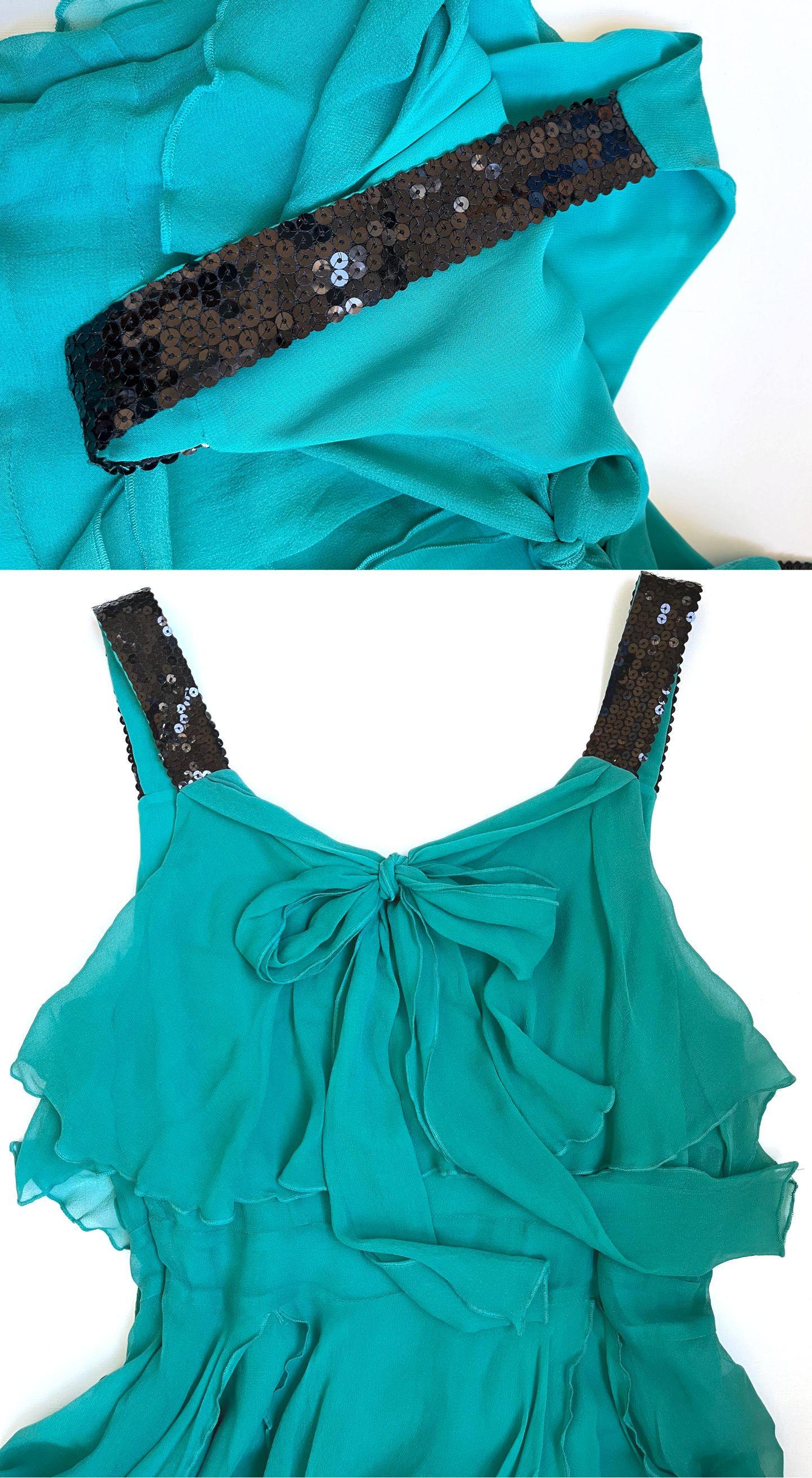 Chloé ~ 2000s Aqua Silk Ruffle Dress with Sequin Straps