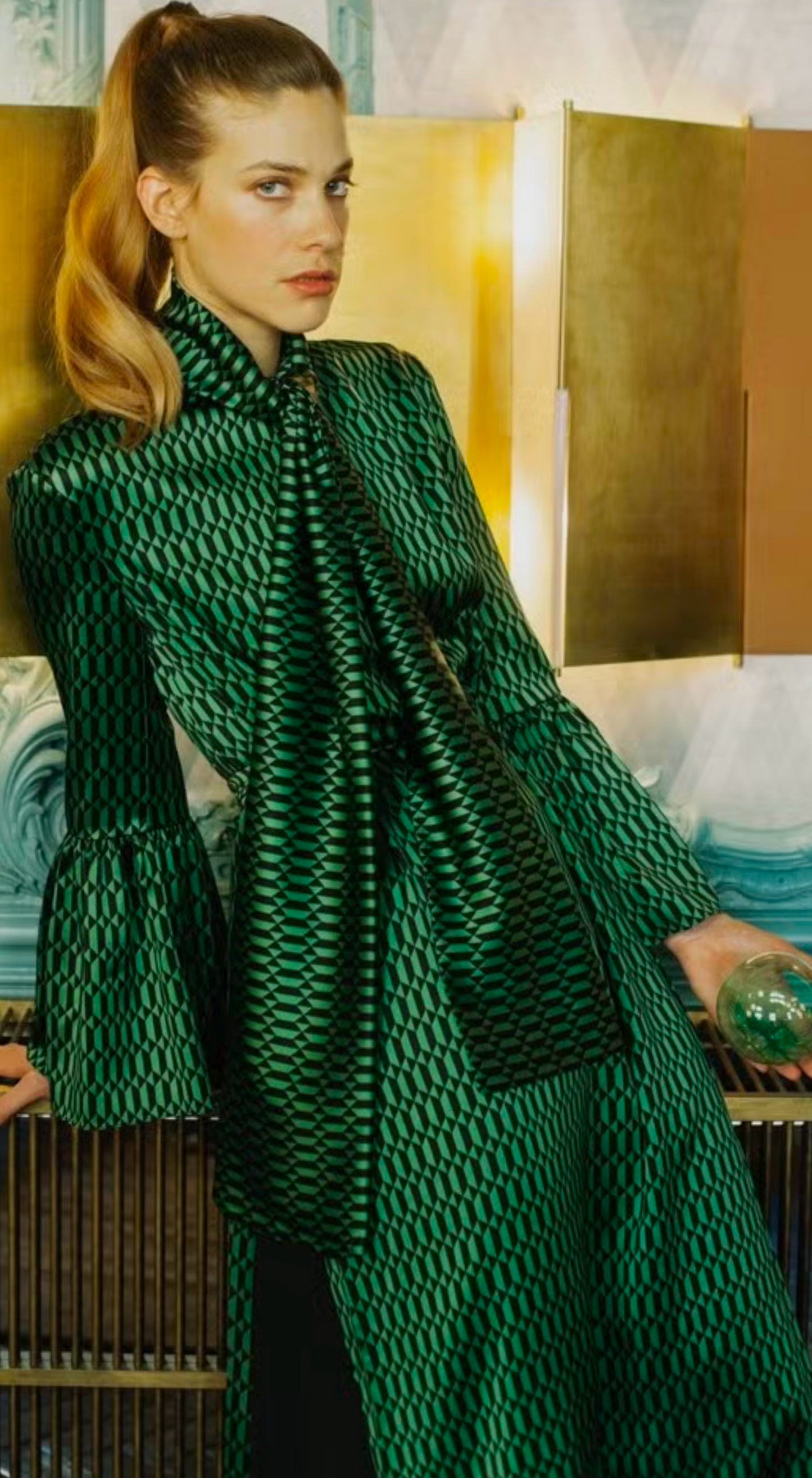 Fendi ~ Fall 2017 Green Geometric Silk Scarf Dress