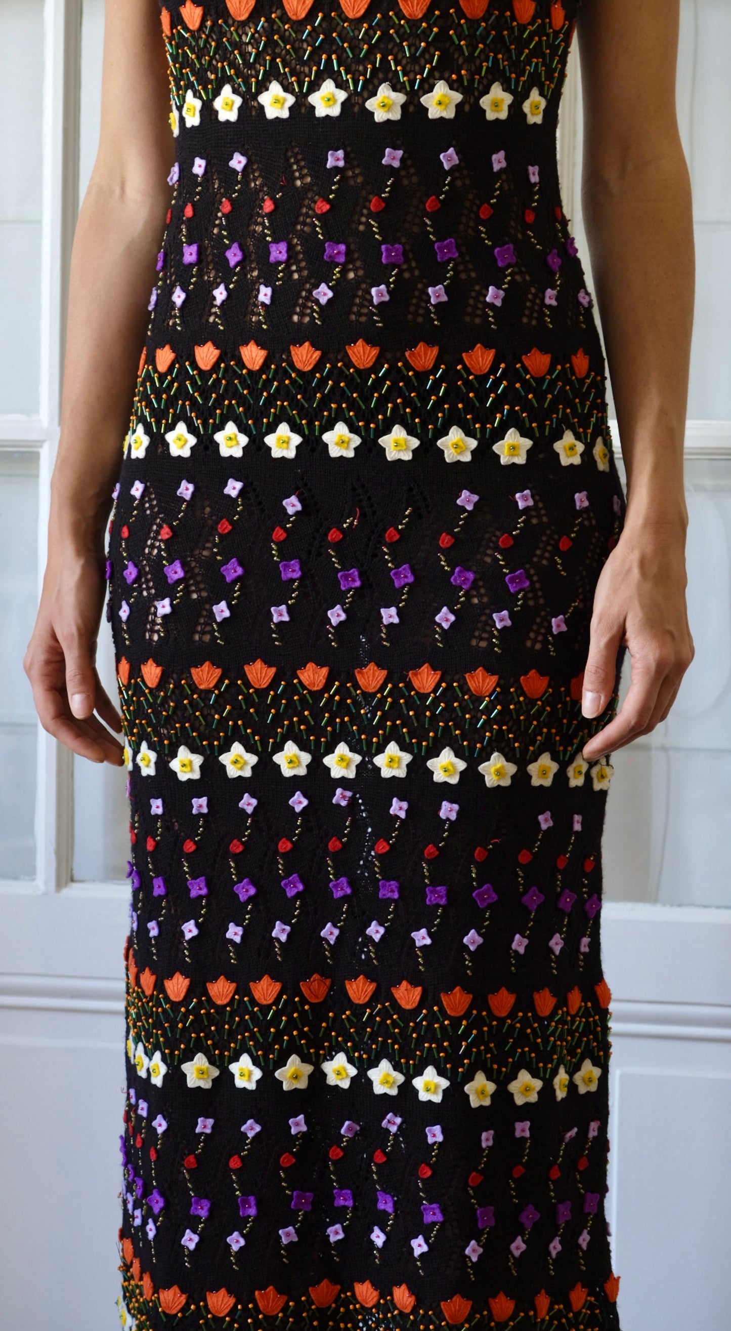 Moschino ~ 1990s Black Wool Knitted Floral Beaded Maxi Dress