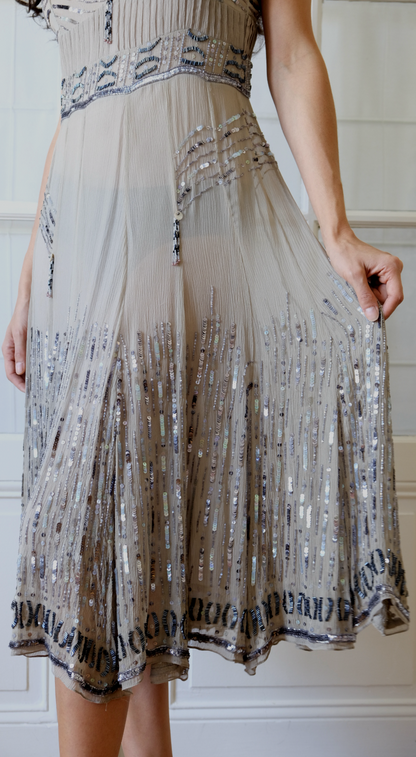 Roberto Cavalli ~ 2000s Taupe Silk Beaded Sheer Midi Dress