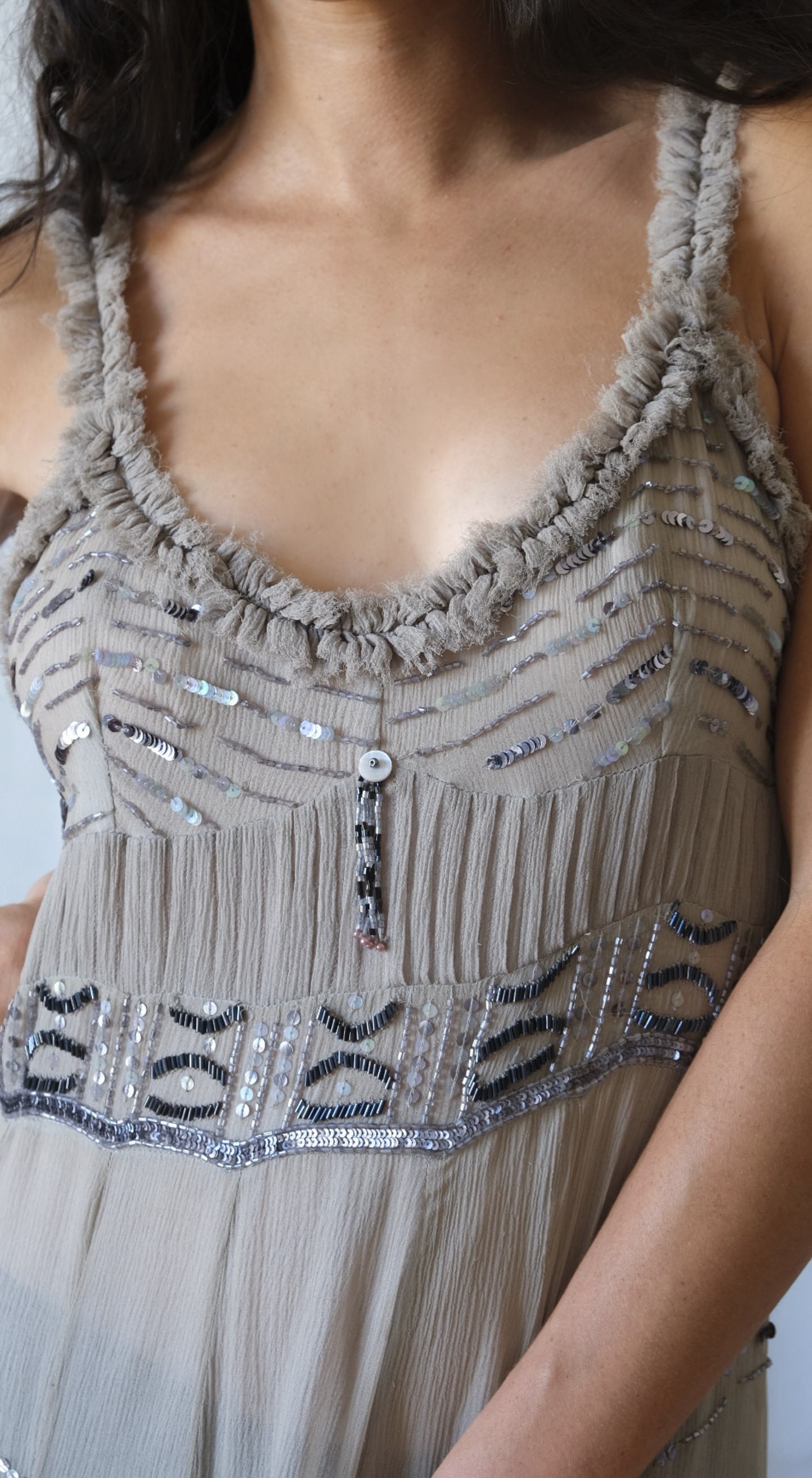 Roberto Cavalli ~ 2000s Taupe Silk Beaded Sheer Midi Dress