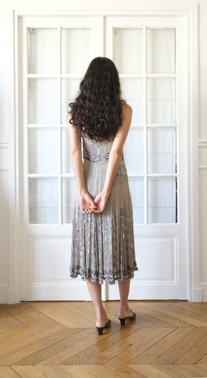 Roberto Cavalli ~ 2000s Taupe Silk Beaded Sheer Midi Dress