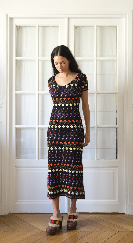 Moschino ~ 1990s Black Wool Knitted Floral Beaded Maxi Dress