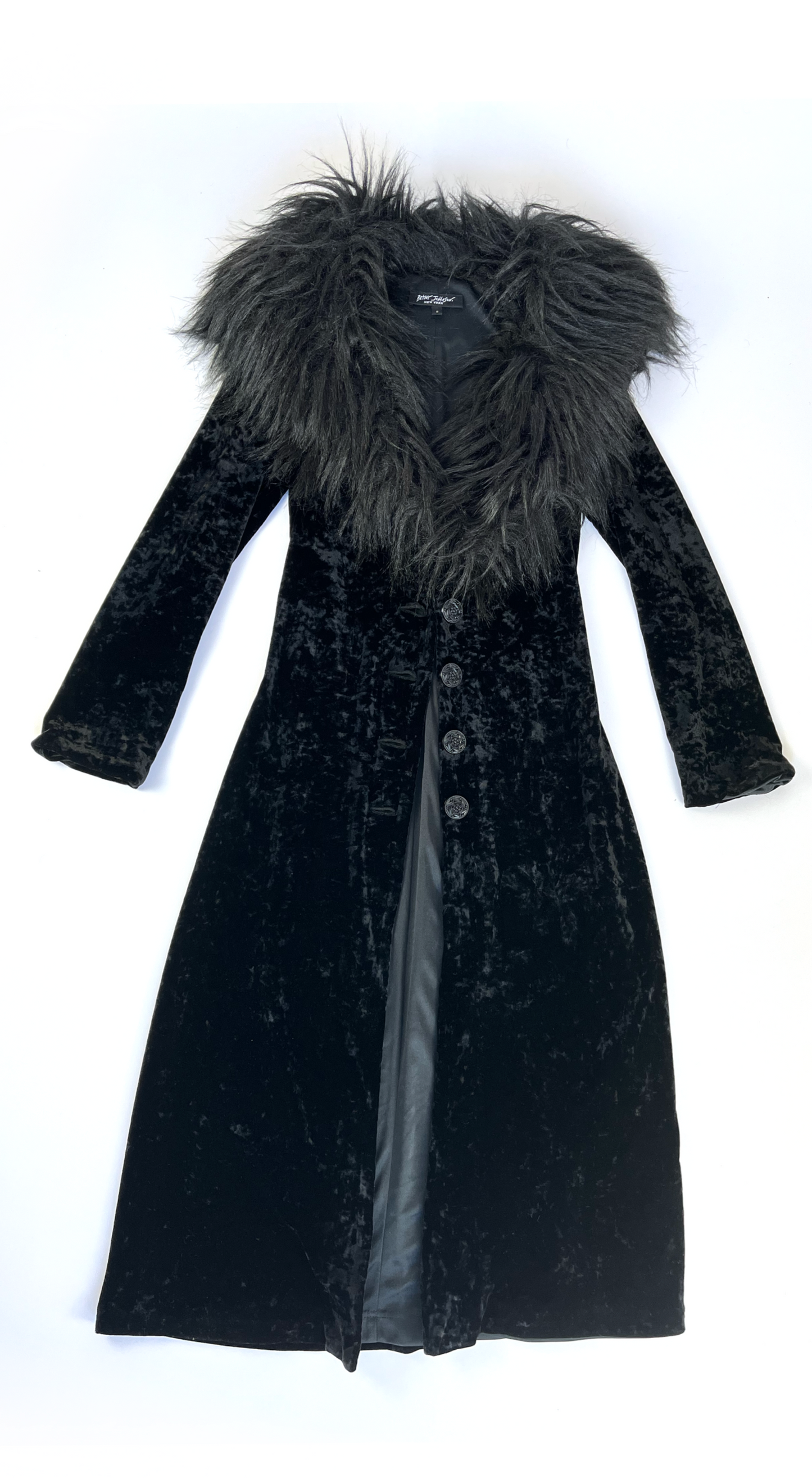 Betsey Johnson ~ 1990s Romantic Faux Fur Trim Black Velvet Coat