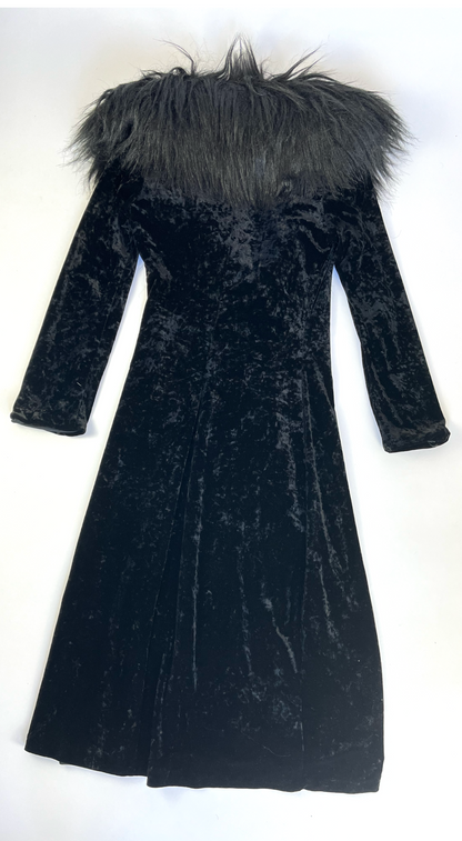 Betsey Johnson ~ 1990s Romantic Faux Fur Trim Black Velvet Coat