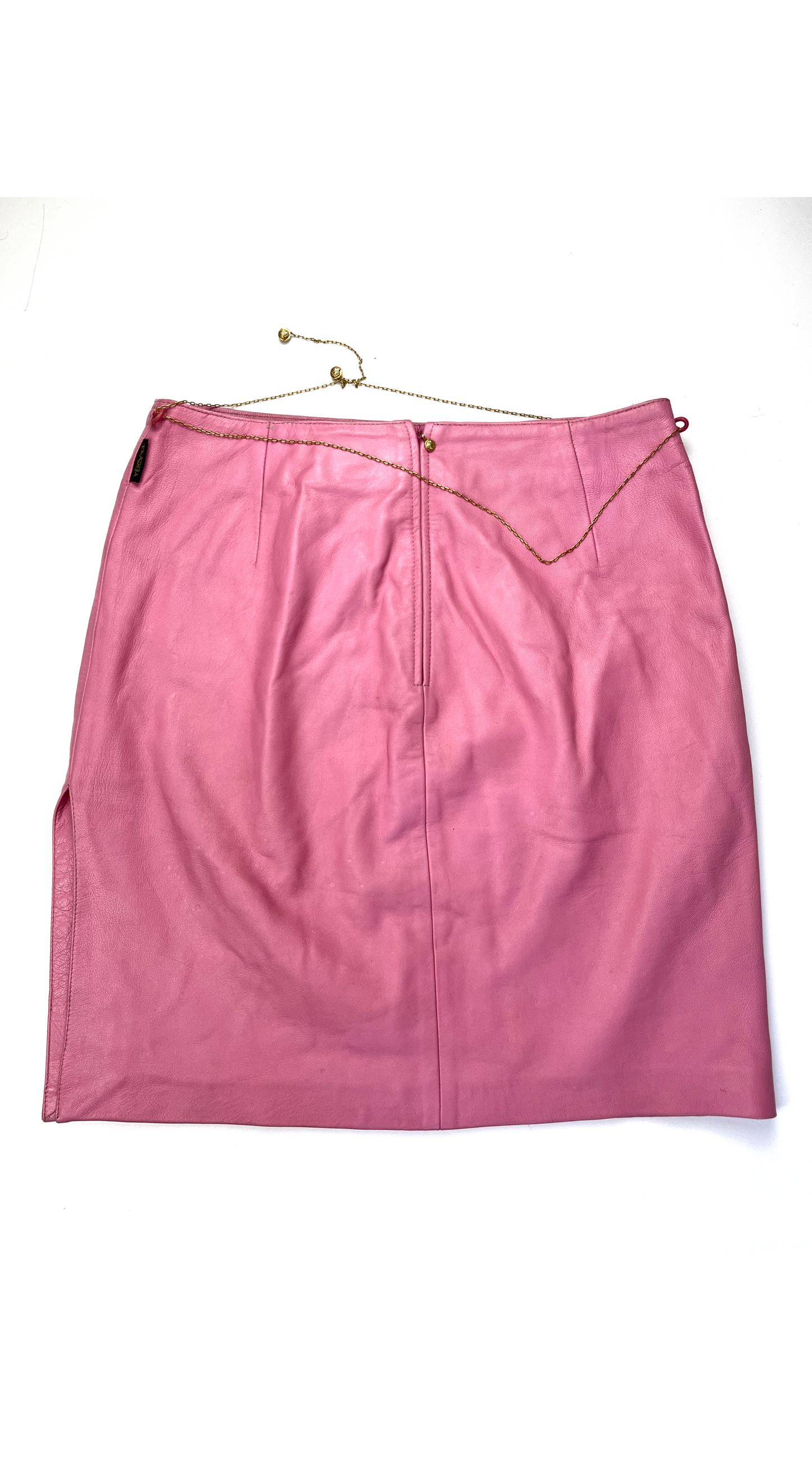 Versace ~ Vintage Gold Chain Pink Leather Skirt