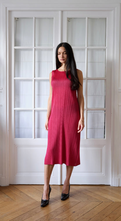 Issey Miyake ~ Carmine Pink Pleated Column Dress