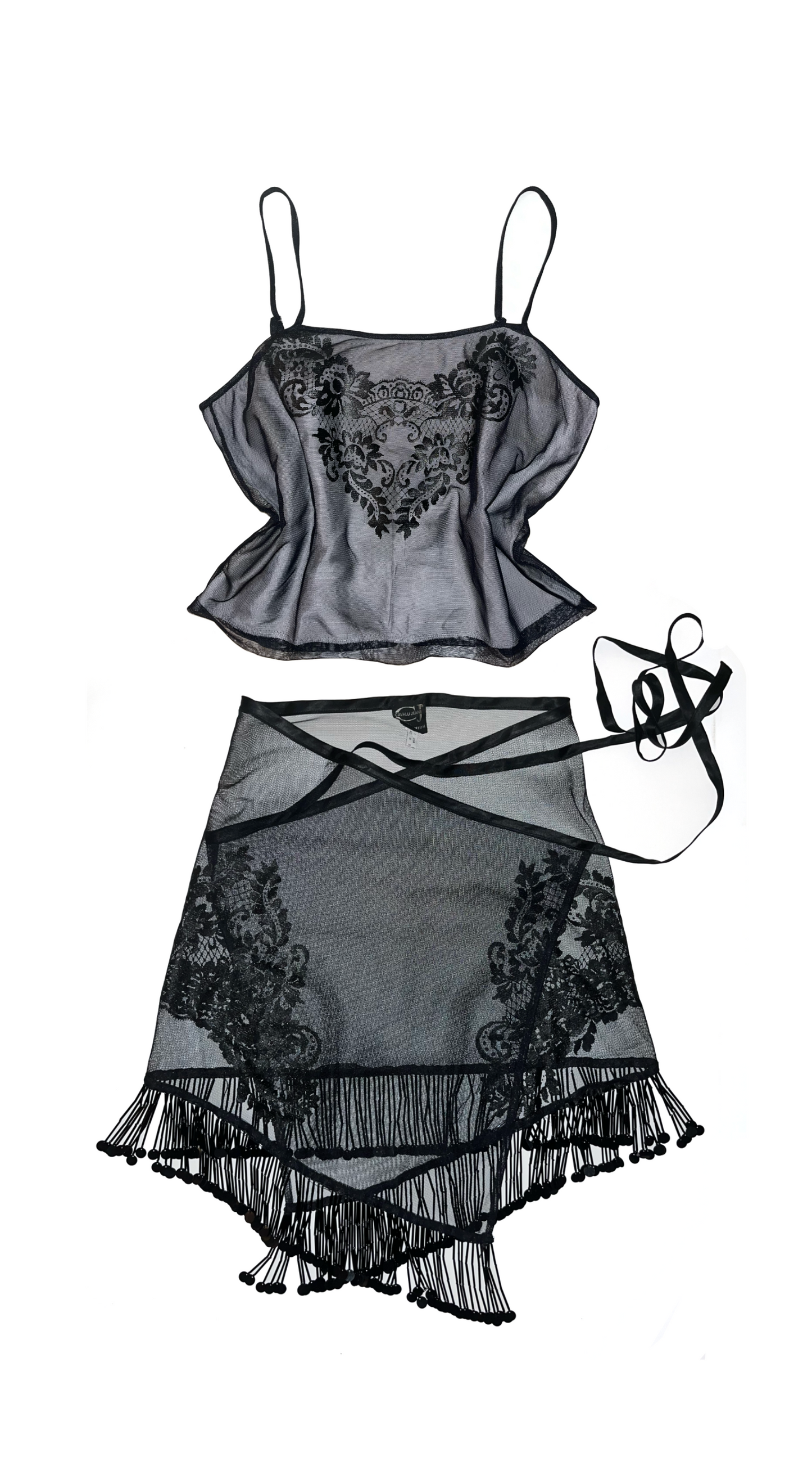 Roberto Cavalli ~ Vintage 2000 Black Tattoo Mesh Skirt and Top Set with Pearl Fringe
