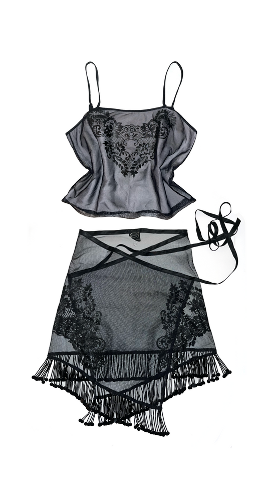 Roberto Cavalli ~ Vintage 2000 Black Tattoo Mesh Skirt and Top Set with Pearl Fringe