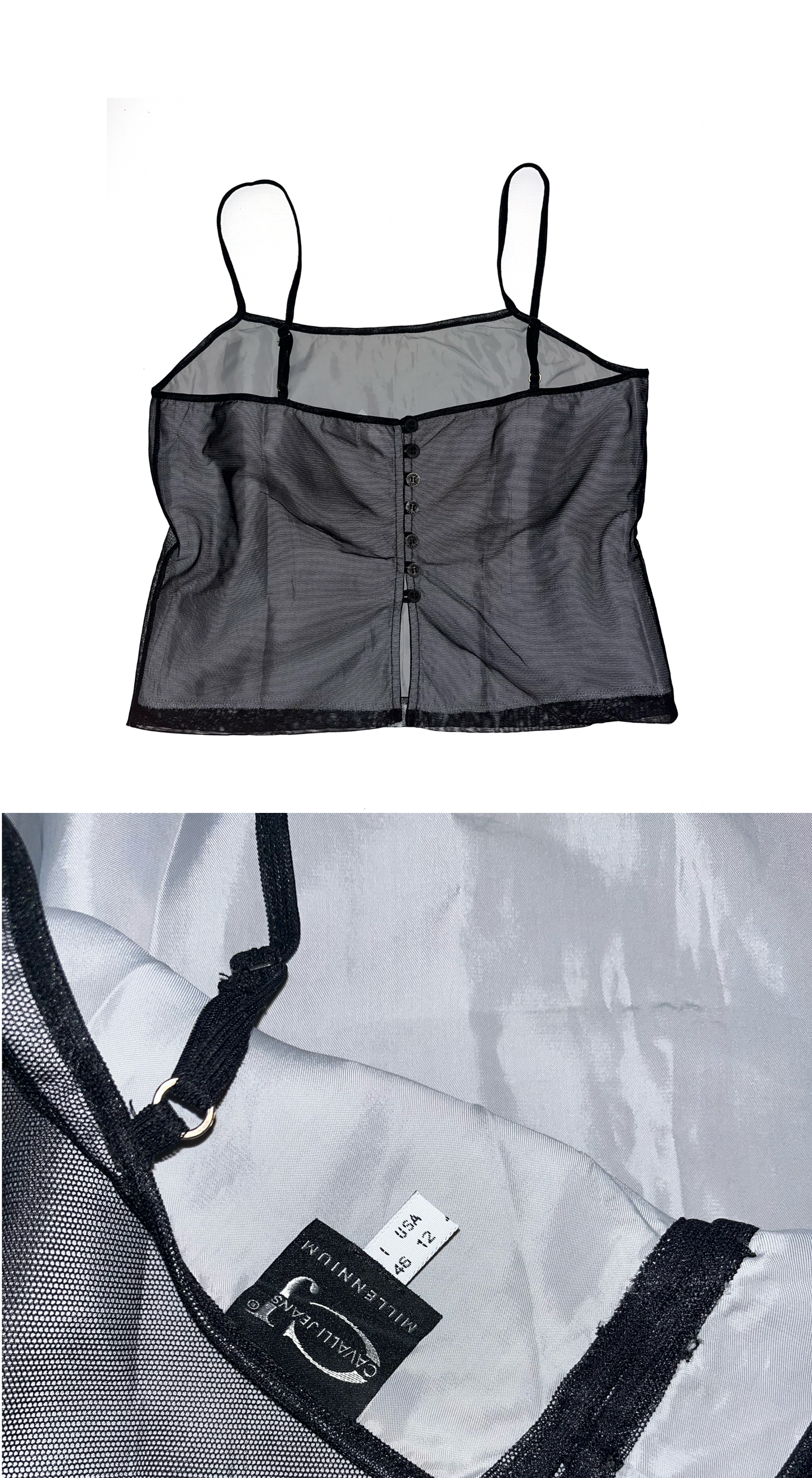 Roberto Cavalli ~ Vintage 2000 Black Tattoo Mesh Skirt and Top Set with Pearl Fringe