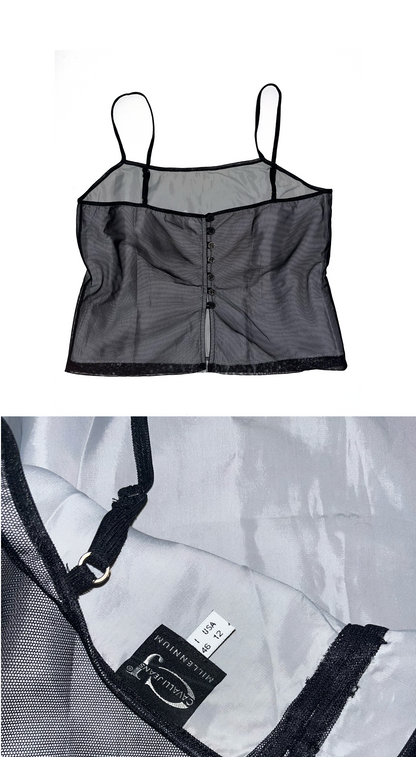 Roberto Cavalli ~ Vintage 2000 Black Tattoo Mesh Skirt and Top Set with Pearl Fringe