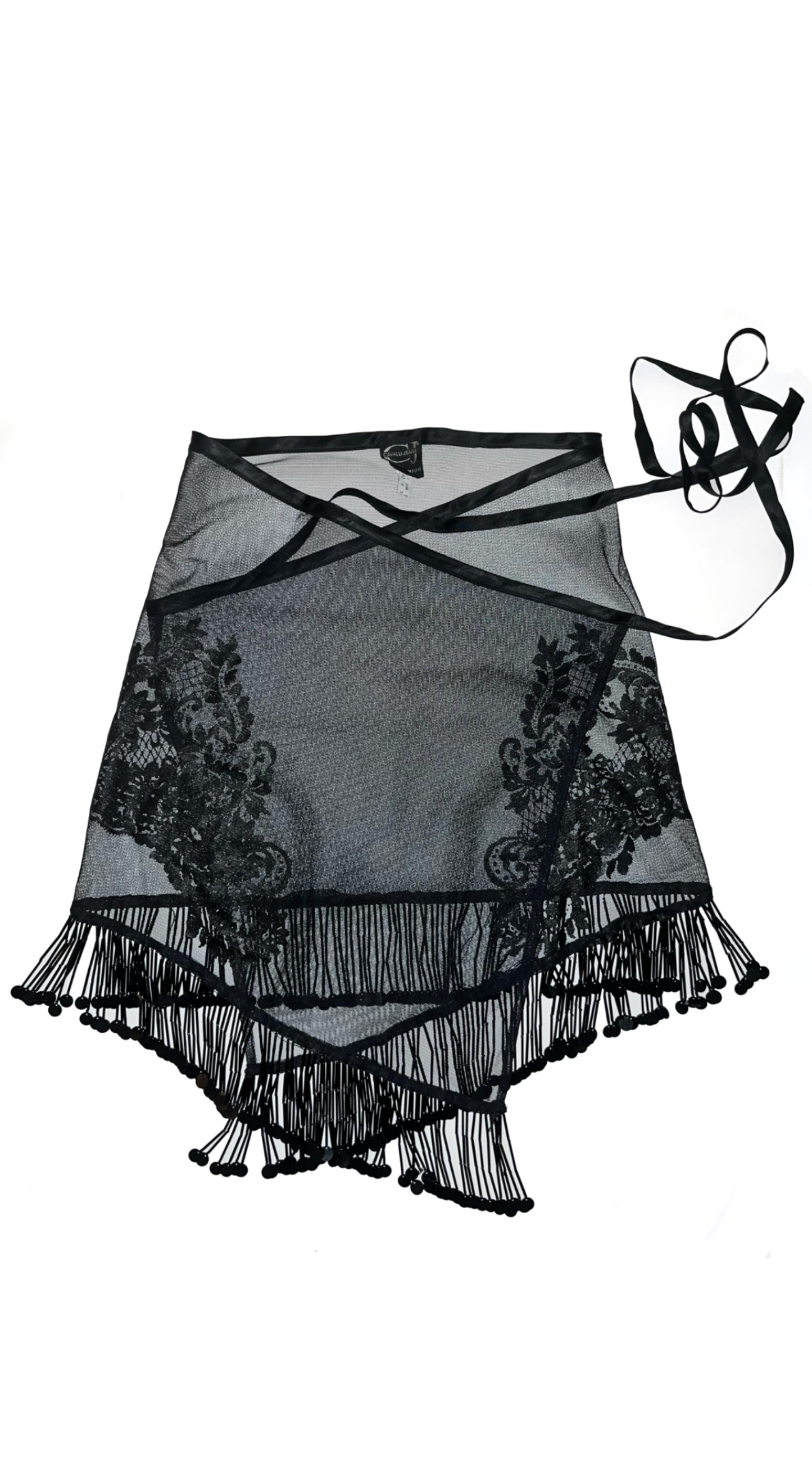 Roberto Cavalli ~ Vintage 2000 Black Tattoo Mesh Skirt and Top Set with Pearl Fringe