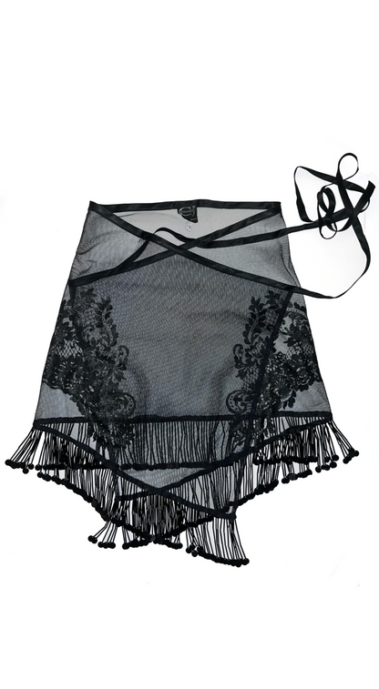 Roberto Cavalli ~ Vintage 2000 Black Tattoo Mesh Skirt and Top Set with Pearl Fringe