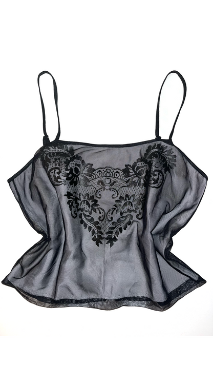 Roberto Cavalli ~ Vintage 2000 Black Tattoo Mesh Skirt and Top Set with Pearl Fringe