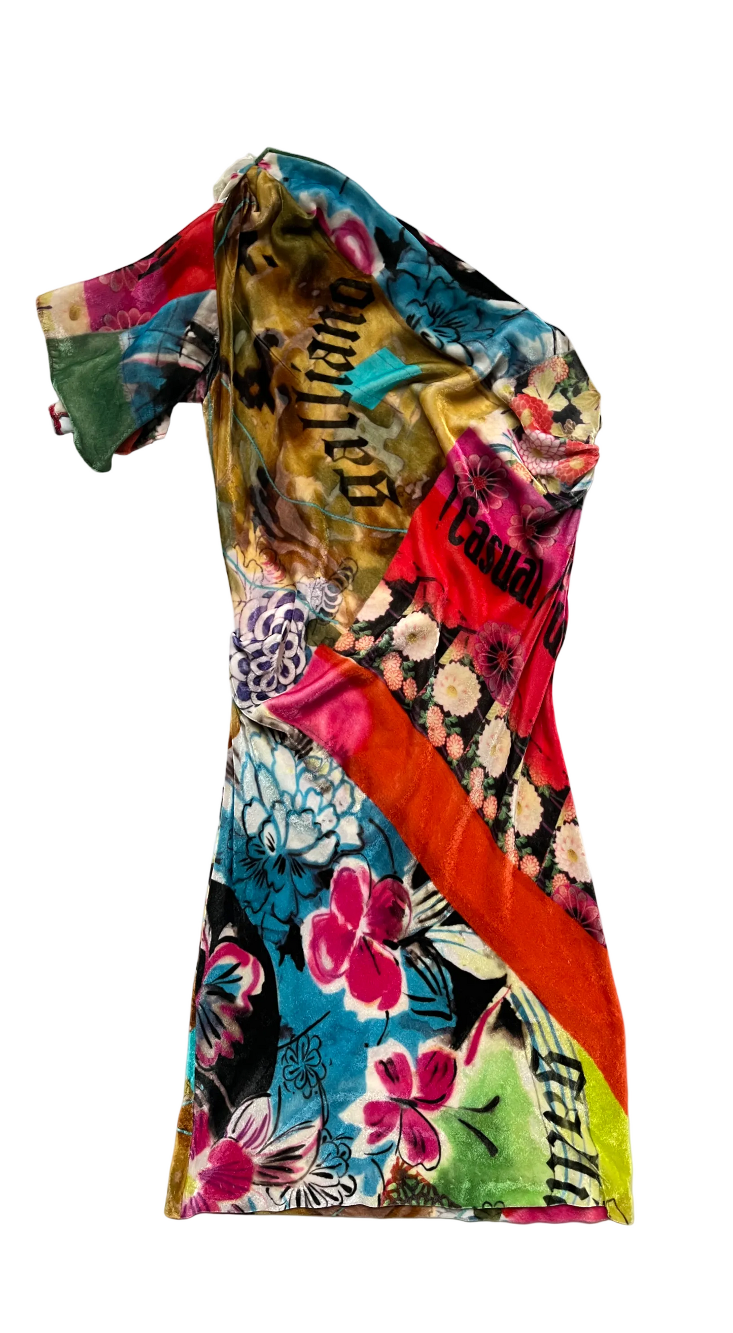 John Galliano 2000s One-Shoulder Velour Multicolour Dress