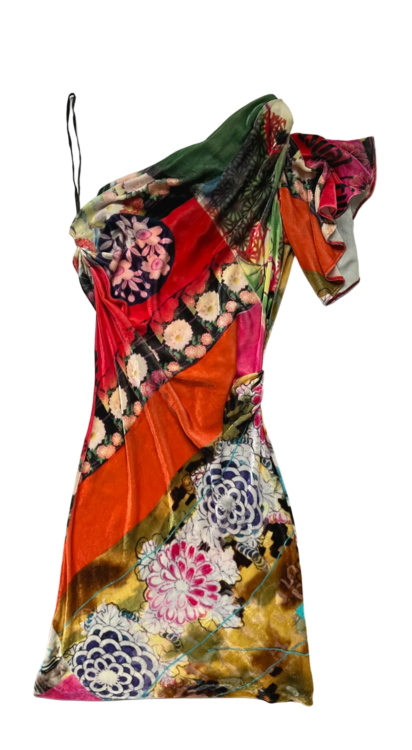 John Galliano 2000s One-Shoulder Velour Multicolour Dress