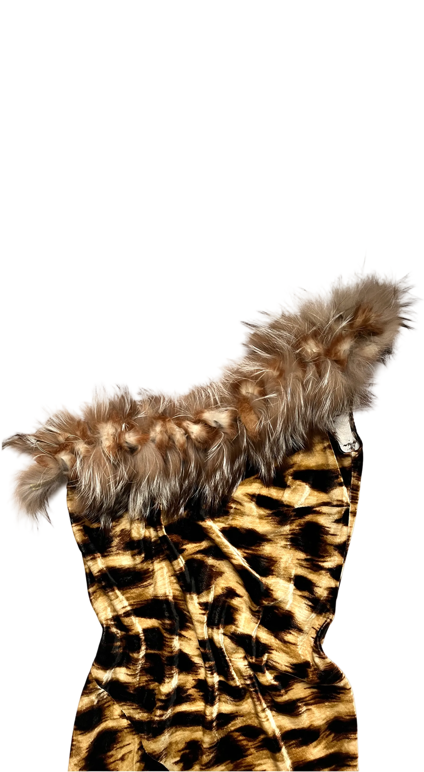 Clips Runway FW 2002 Velour Leopard One-Shoulder Fur Dress