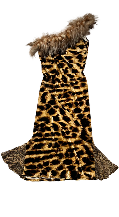 Clips Runway FW 2002 Velour Leopard One-Shoulder Fur Dress