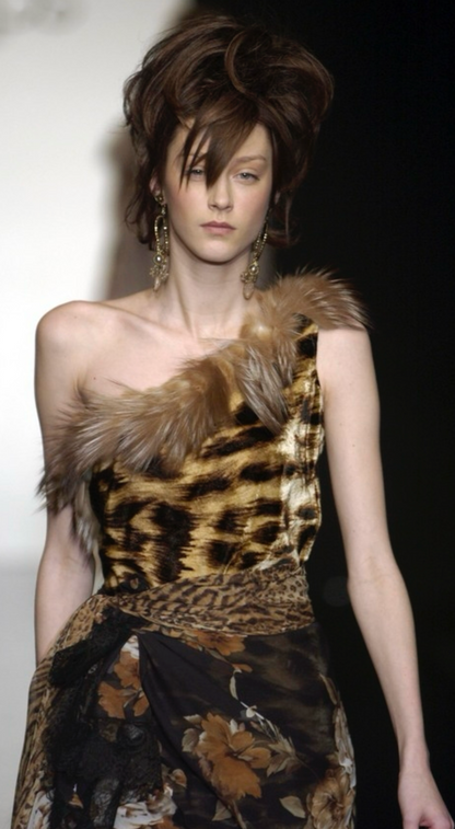 Clips Runway FW 2002 Velour Leopard One-Shoulder Fur Dress