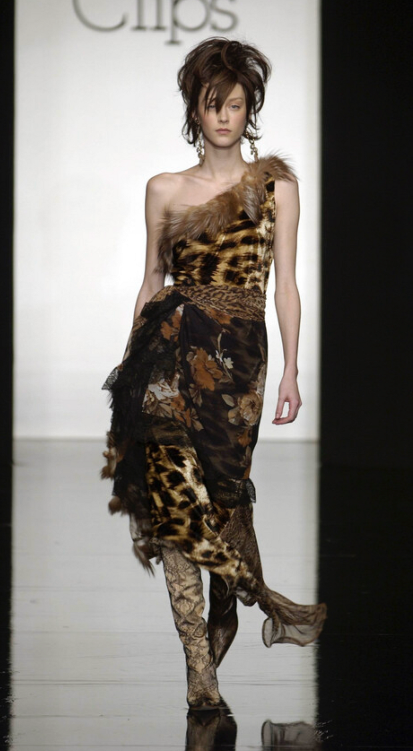 Clips Runway FW 2002 Velour Leopard One-Shoulder Fur Dress
