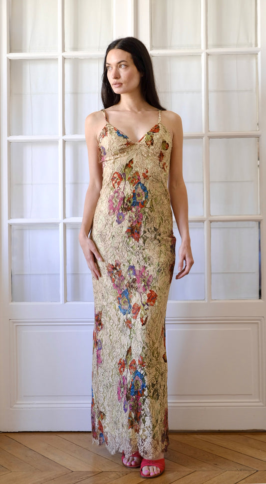 Christian Lacroix ~ Long Beige Floral Lace dress