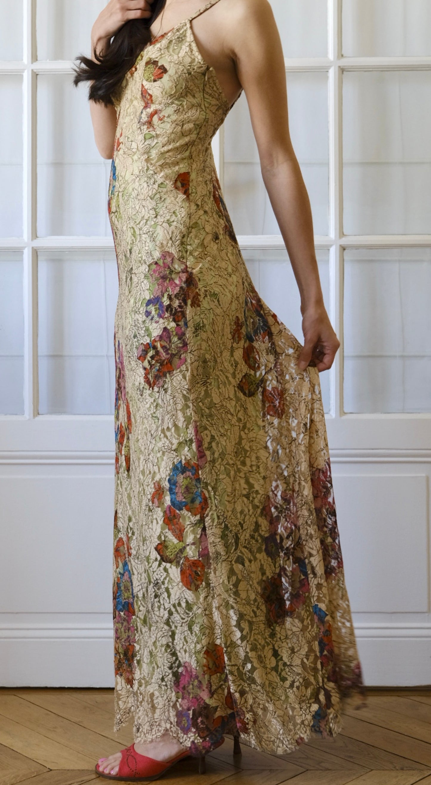 Christian Lacroix ~ Long Beige Floral Lace dress