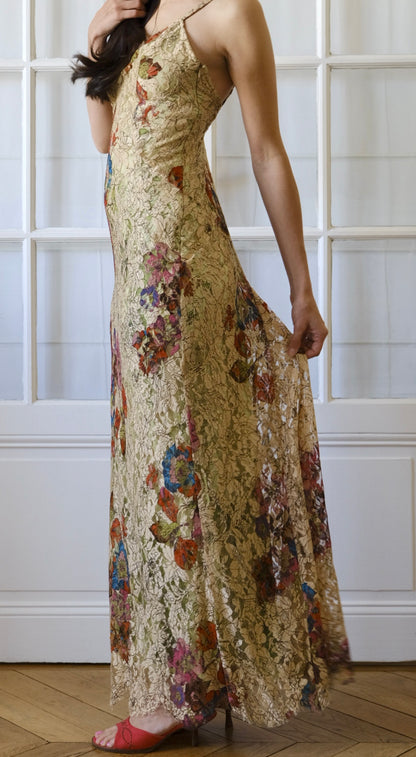 Christian Lacroix ~ Long Beige Floral Lace dress
