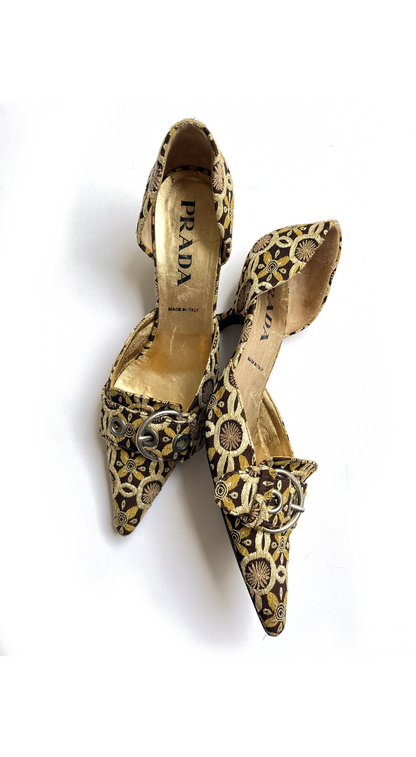 Prada ~ 2000s Baroque Gold Kitten Heels