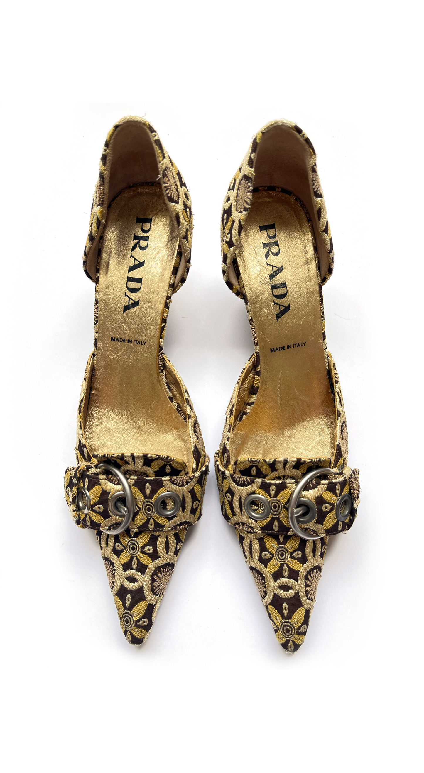 Prada ~ 2000s Baroque Gold Kitten Heels
