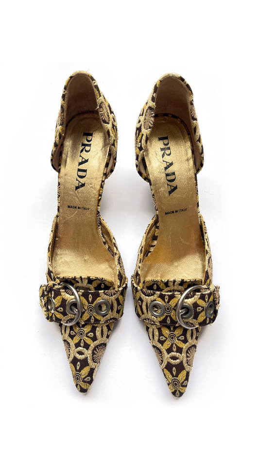 Prada ~ 2000s Baroque Gold Kitten Heels