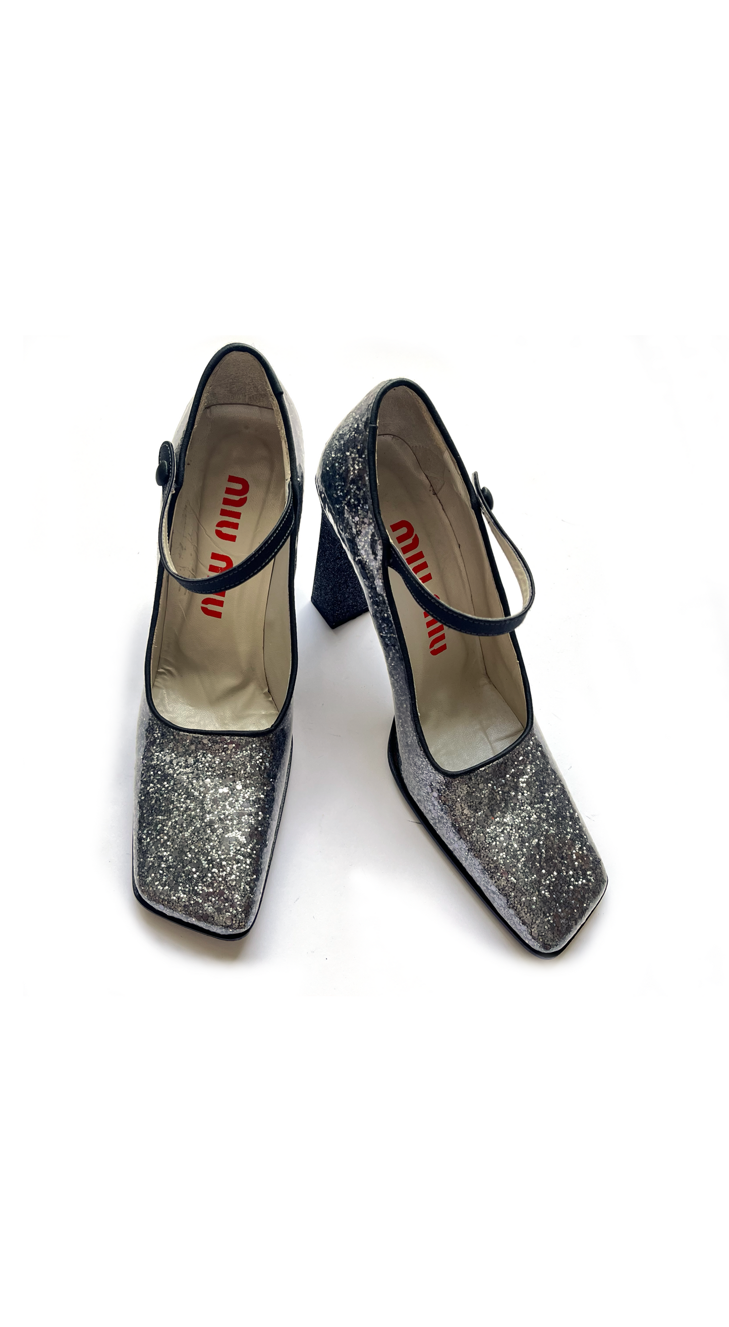Miu Miu ~ Runway FW 1998 Grey Silver Glitter Patent Leather Mary Jane Heels