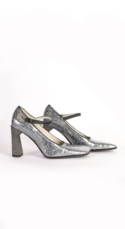 Miu Miu ~ Runway FW 1998 Grey Silver Glitter Patent Leather Mary Jane Heels